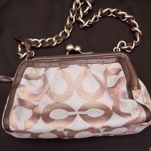 Coach Brown and Cream Clutch with Chain Strap